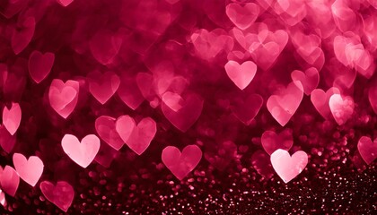 Wall Mural - trendy viva magenta color of the year 2023 pink red hearts sparkling glitter bokeh panoramic background banner valentines day abstract defocused texture header