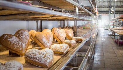 Wall Mural - heart shape bread in a bakery for valentine s day