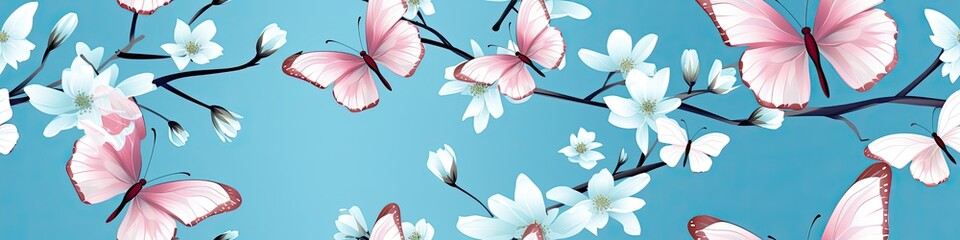 Wall Mural - Pink Butterflies and White Blossoms on Sky Blue