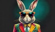 Rabbit in retro suit with colorful sunglasses on black background