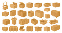 Wooden And Cardboard Boxes. Carton Delivery Packages, Cargo Shipping Wooden Boxes Flat Vector Illustration Set. Cartoon Delivery Package Collection