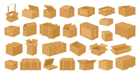 Wooden and cardboard boxes. Carton delivery packages, cargo shipping wooden boxes flat vector illustration set. Cartoon delivery package collection