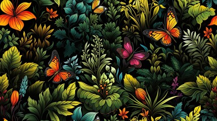 Wall Mural - Lush Tropical Botanical Garden with Colorful Butterflies