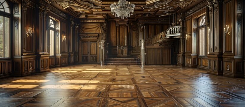 Antique European manor with vintage interior, wood paneling, parquet floor, and romantic luxury style.