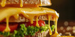 Melted Cheese Delight on Crispy Bread burger. Close-up of melted yellow liquid cheese on bread, copy space.