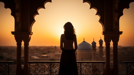 Silhouette of a Persian woman in national dress against the background of traditional Iranian architecture. The sun has set. Iran. Kashan, copy space - generative ai