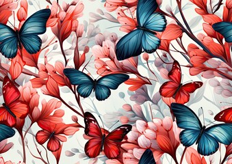 Poster - Vibrant Blue and Red Butterfly Floral Seamless Pattern Wallpaper