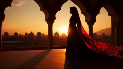 Silhouette of a Persian woman in national dress against the background of traditional Iranian architecture. The sun has set. Iran. Kashan, copy space - generative ai