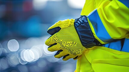 Poster - A close up of a person wearing yellow and blue safety gear, AI