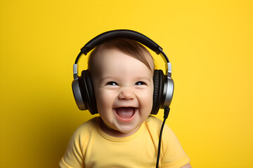 Wall Mural - studio portrait of happy baby wearing headphones isolated on yellow background