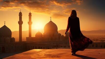 Wall Mural - Silhouette of a Persian woman in national dress against the background of traditional Iranian architecture. The sun has set. Iran. Kashan, copy space - generative ai