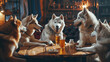Siberian husky dogs animal party with drink chitchat in the bar. Created using generative AI.