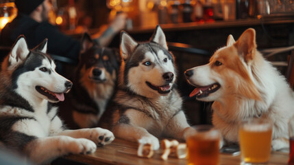 Wall Mural - Siberian husky and corgi dogs animal party with drink in the bar. Created using generative AI.