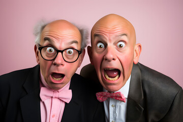 funny portrait of two senior businessmen with funny faces isolated on colour background