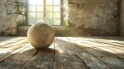 Wall Mural - A stone sitting on a wooden floor in front of an open window, AI