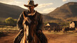 Cowboy riding horse like in western movie, man rancher wearing hats and vintage clothes near ranch. Concept of wild west, farm, outlaw, people, character, country