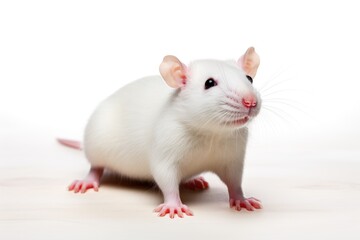 Wall Mural - A white rat sitting on top of a wooden floor. Laboratory animal, testing model for research.