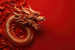 Golden chinese dragon on red background with copy space, generative ai
