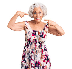 Canvas Print - Senior grey-haired woman wearing casual clothes smiling cheerful showing and pointing with fingers teeth and mouth. dental health concept.