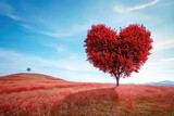 Fototapeta Zachód słońca - red tree of love in red flower field pragma