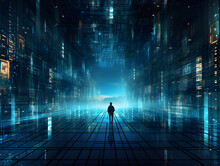 A Lone Figure Journeys Through The Urban Labyrinth, Skyscrapers Looming Above And Digital Lights Guiding Their Way Through The Darkness Of The City's Underbelly