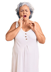 Sticker - Senior woman with gray hair wearing casual clothes touching mouth with hand with painful expression because of toothache or dental illness on teeth. dentist