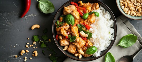 Wall Mural - Thai-inspired overhead view of a dish with chicken, cashews, rice, and herbs.