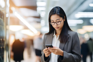 young Asian businesswoman using smartphone in office