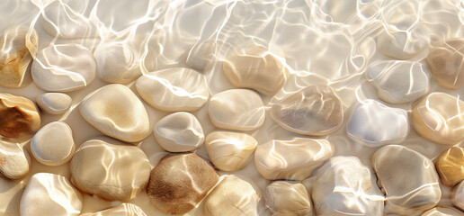 Wall Mural - Creative background abstract image of  white rounded smooth pebble stone under transparent water with waves. Backdrop sea bottom pattern surface. Top view