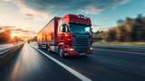 Fast moving freight liner truck on a highway. Motion blurred background.