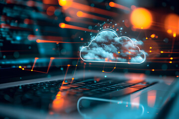 cloud computing concept with laptop computer and data stream