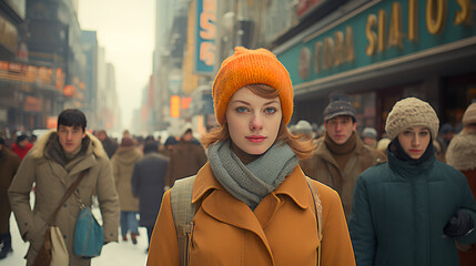 Beautiful female - retro style - visiting the city - close-up shot - stylish fashion - low angle shot.   