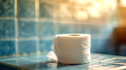 Wall Mural - A roll of toilet paper sitting on a blue tiled counter, AI