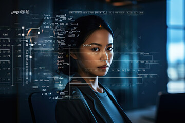 Poster - A woman stands in front of a screen with numbers and letters on it