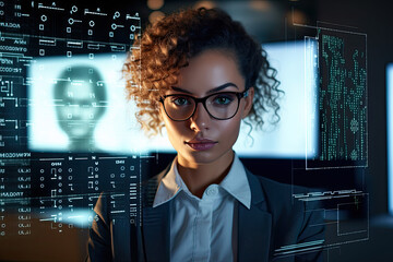 Poster - A woman wearing glasses is looking at a screen with numbers and letters on it