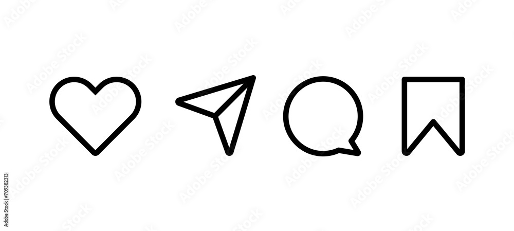 Icons like comment, share, save, like media button. Outline icon heart ...
