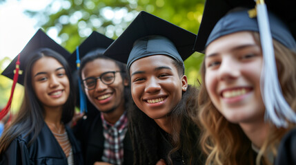 Group of diverse friends in caps and gowns outside during college graduation.