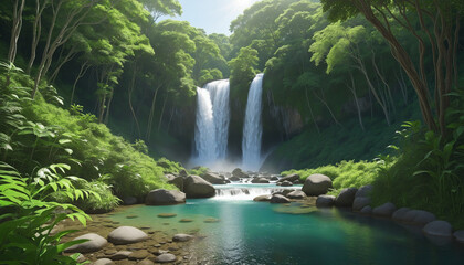  Illustration of serene landscape with grand waterfall and abundant greenery