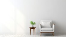 Minimalist Sofa Chair, Inside A Minimalist Modern Scandinavian House Interior, With White Wall Background And Interior Potted Plant Decoration.