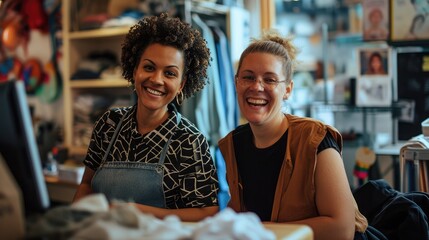 Poster - Two happy businesswomen smiling while working in a thrift store. Female entrepreneurs running an e-commerce small