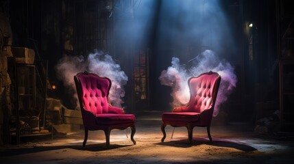 Two classic red sofa chairs are in a dark room with light from above.