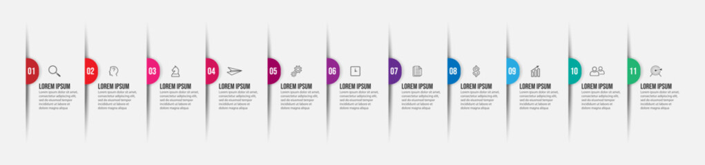 Aufkleber - business infographic 11 parts or steps, there are icons, text, numbers. Can be used for presentation banners, workflow layouts, process diagrams, flow charts, infographics, your business presentations
