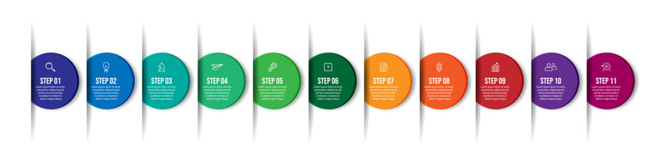 Aufkleber - business infographic 11 parts or steps, there are icons, text, numbers. Can be used for presentation banners, workflow layouts, process diagrams, flow charts, infographics, your business presentations