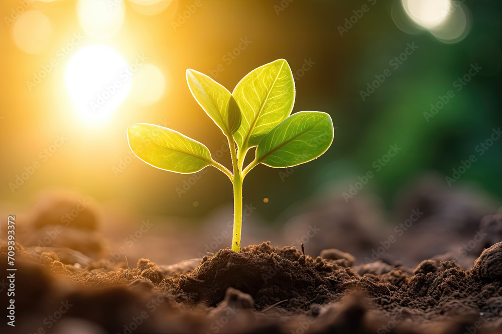 Young plant sprouting from soil with sunlight flaring in the background ...