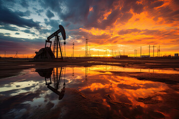 Oil pump jacks at sunset with vibrant sky reflections in water. Energy industry concept.