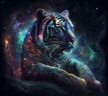 A Display Of A Tiger Meditating In Outer Space, Trippy, Psychedelic, Dmt, Fractals, Neon