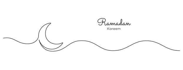 Wall Mural - One continuous line drawing of Moon. Ramadan Kareem banner in simple linear style. Sleep symbol with crescent in Editable stroke. Doodle vector illustration