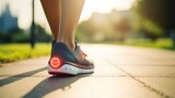 Fototapeta  - Closeup of a patients foot, with a fitness tracker attached to their shoe to track steps and mileage.