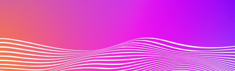 Poster - Abstract white wave lines on pink purple gradient background. Wide banner with curve liquid stripes. Wavy border wallpaper for footer, poster, brochure, website, cover, header, flyer. Footer vector