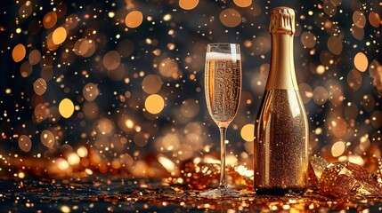 Two glasses and a bottle of champagne for new year or an anniversary.